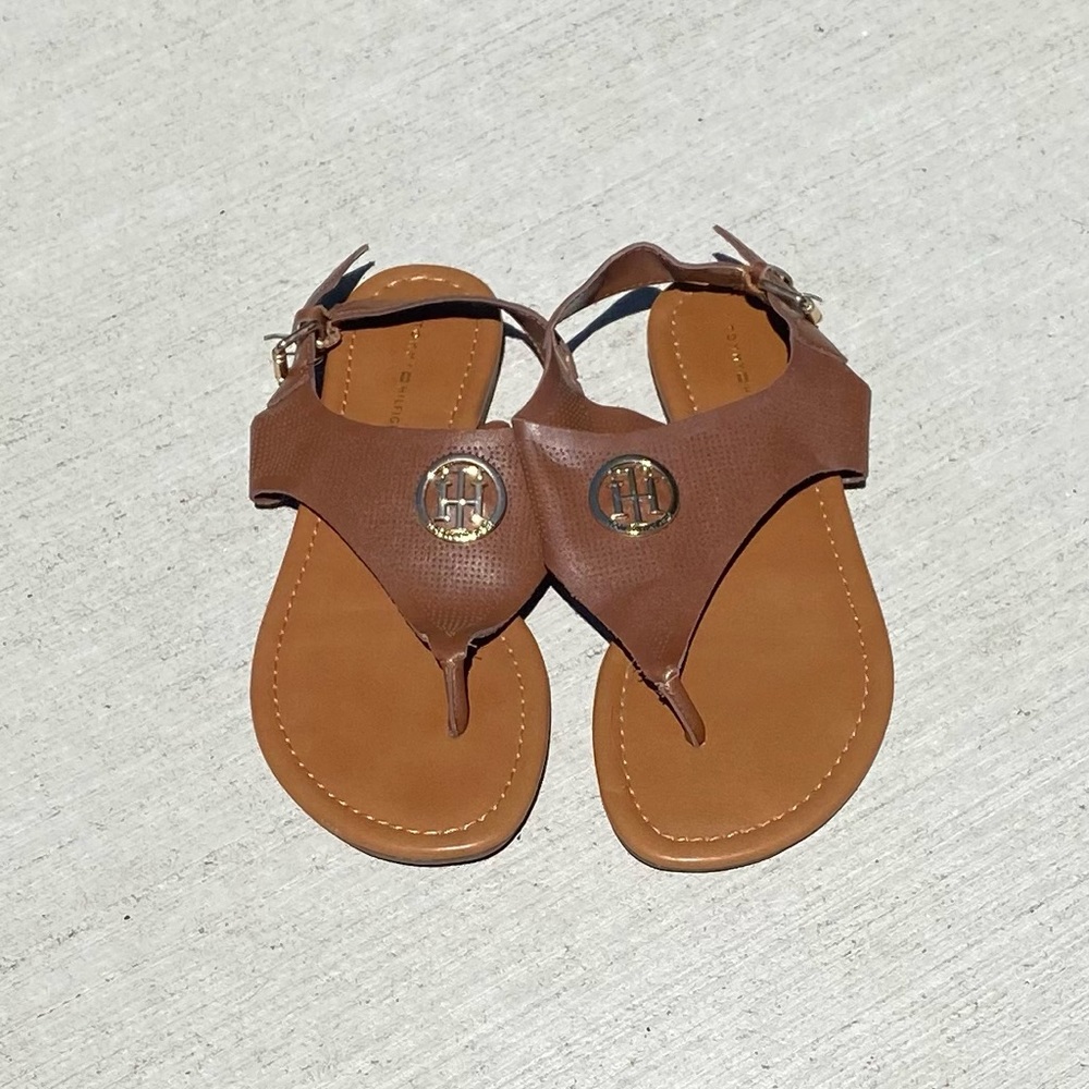 Tommy Hilfiger Brown and Gold T-Strap Flat Sandals